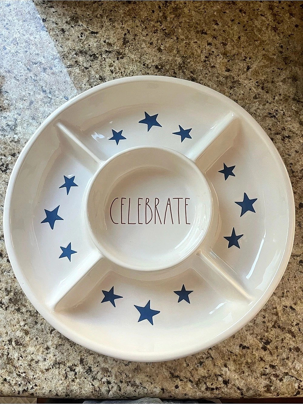 Rae Dunn  Patriotic  Celebrate Stars Chip and Dip Platter White & Blue